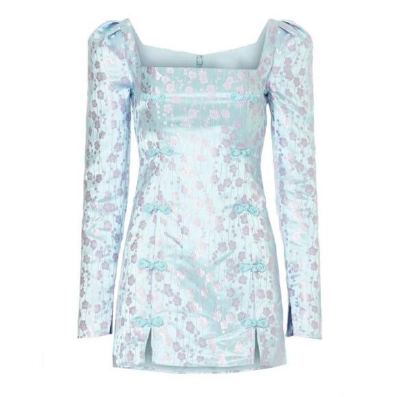 RTR Satin sz 14 xl blue silk Sau lee dress purple flowers long sleeve mini silky - Picture 7 of 7